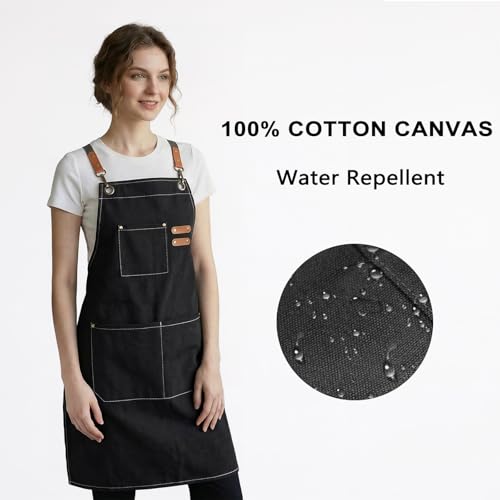 Chef Apron for Women Men with Large Pockets (Black)