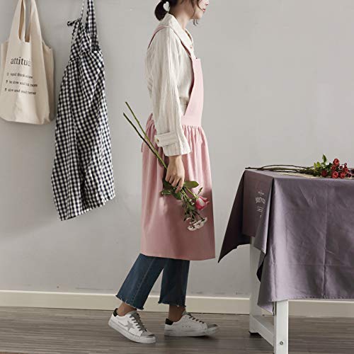 Women Girls Vintage Apron Adjustable Gardening Works Cross Back Cotton (Pink / One Size)