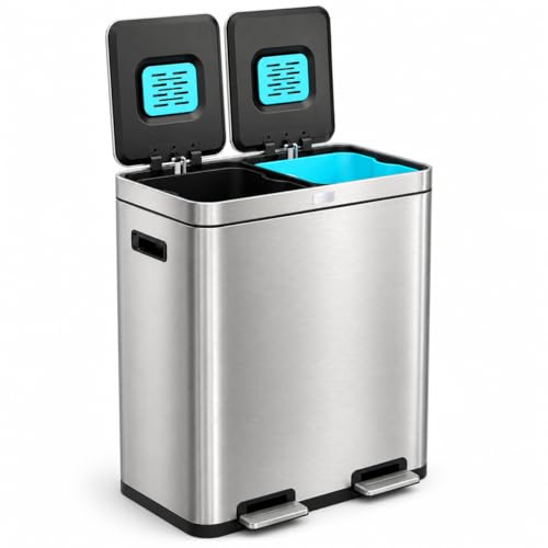 16 Gallon Kitchen Trash Can with Dual Compartments (Silver / 16 Gallon)