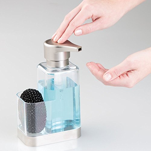 Modern Plastic Kitchen Sink Countertop Liquid Hand Soap Dispenser Pump Bottle Caddy with Storage Compartment (Clear/Brushed)