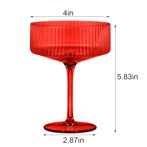12 Pieces Martini Glasses 10.5oz Plasitc Ribbed Coupe Glasses Champagne Shatterproof Acrylic Vintage Cocktail Glassware Margarita Wine Glasses Disposable Cups for Parties Wedding Anniversary Bar Red (Red / 12 PCS)