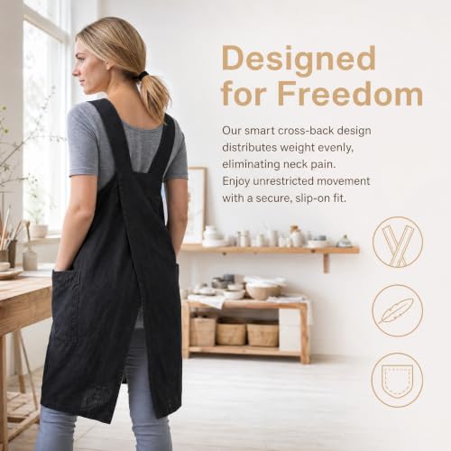 Cross Back Linen Cotton Apron with Pockets (XX-Large / Black)