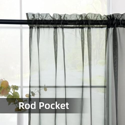 Solid Sheer Rod Pocket Curtain Voile Draperies 2 Panels White Beige Black Ivory Coffee 26 Inch Width 24 Inch Long 1 Pair for Kitchen Bedroom Children Living Room Yard (Black / 26"W x 24"L (Pack of 2))