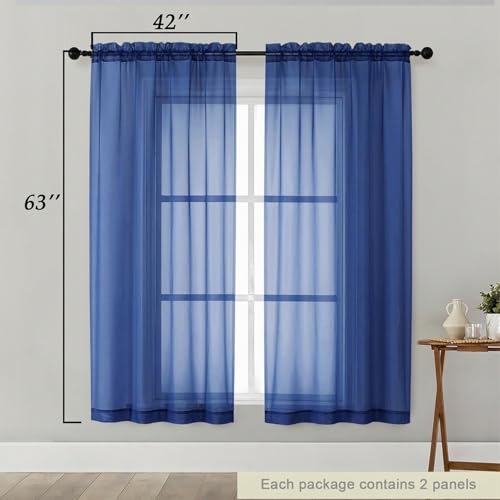 Sheer Curtains 63 Inch Length 2 Panels Set for Living Room Bedroom (Royal Blue / 42"W x 63"L (Pack of 2))