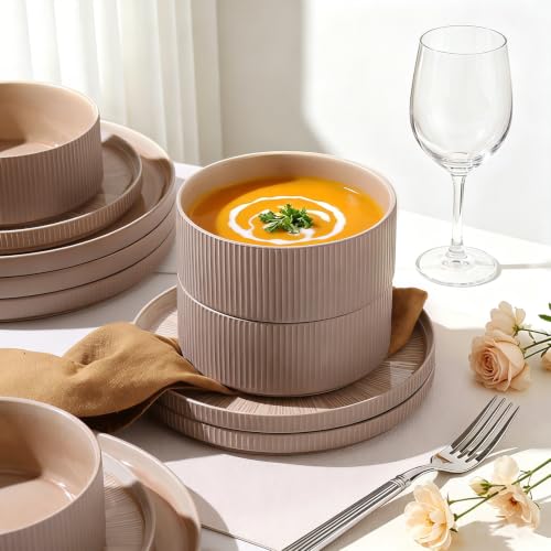 Stoneware Dinnerware Sets for 4 (Warm Brown / 4-Set(12pcs))
