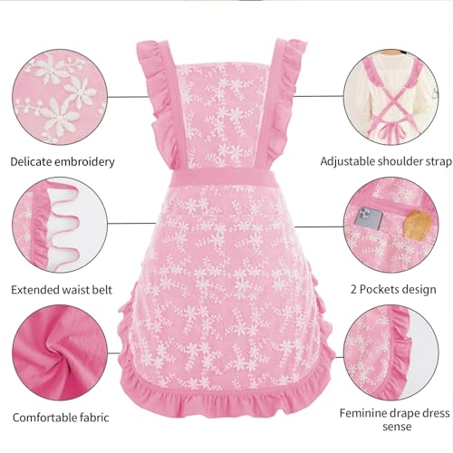 Vintage Pinafore Apron Dress for Women with Pockets Cute Floral Chef Aprons for Kitchen Cooking Baking Gardening (Pink)