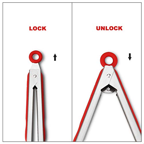 304 Stainless Steel Locking Kitchen Tongs (9" & 9" & 12" & 12" / Red)