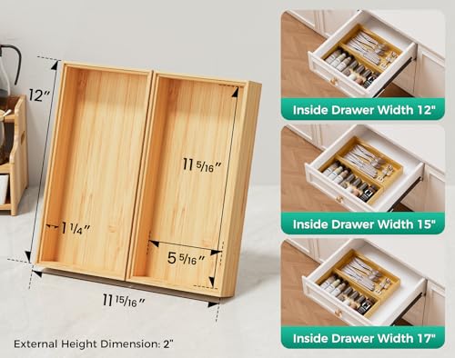 Bamboo Kitchen Drawer Organizer Boxes 12" x 6" Stackable Wooden Organizers (Bamboo / 12" x 6" x 2")