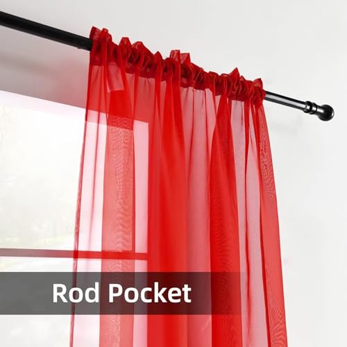 Solid Sheer Rod Pocket Curtain Voile Draperies 2 Panels White Beige Black Red Coffee 38 Inch Width 84 Inch Long 1 Pair for Kitchen Bedroom Children Living Room Yard (Red / 38"W x 84"L (Pack of 2))