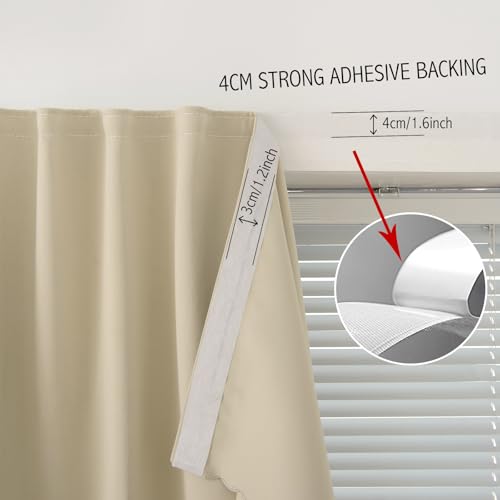 Blackout Curtains with Self Adhesive Tape No Rod No Drill Easy Install Window Cover for Bedroom Kitchen Dorm 70" W x 72" L Beige 1 Panel (70"W x 72"L (Pack of 1) / Beige)