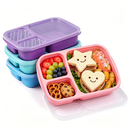 4 Pack Bento Lunch Box Set 3 Compartment Food Storage Containers Wheat Straw Meal Prep Lunch Box Plastic Food Storage Containers (4 Pack (Vivid Colors))