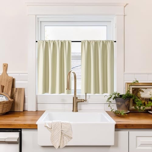 100% Blackout Basement Curtains 30 inches Long (100% Blackout - Beige / 34"W x 30"L (Pack of 2))