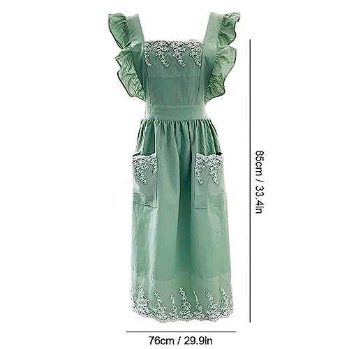 Cute Cotton Apron Frilly Lace Ruffle Adjustable Pinafore Apron Dress with Pockets for Cooking Baking Cleaning Gardening (Light Green)