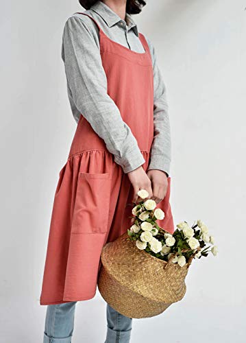 Japanese Cotton Cross Back Pinafore Apron for Women with Pockets Coral (13 - Grapefruit Red With Waist Ties)