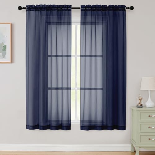 Sheer Navy Blue Curtains for Bedroom Living Room 63 Inch Length 2 Panels (Navy Blue / 42"W x 63"L (Pack of 2))