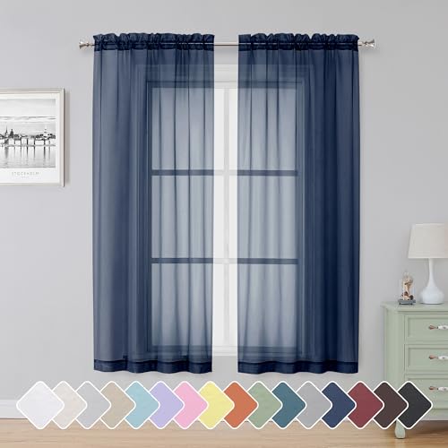 Blue Sheer Curtains 63 Inch Length 2 Panels (Navy Blue / 42"W x 63"L (Pack of 2))