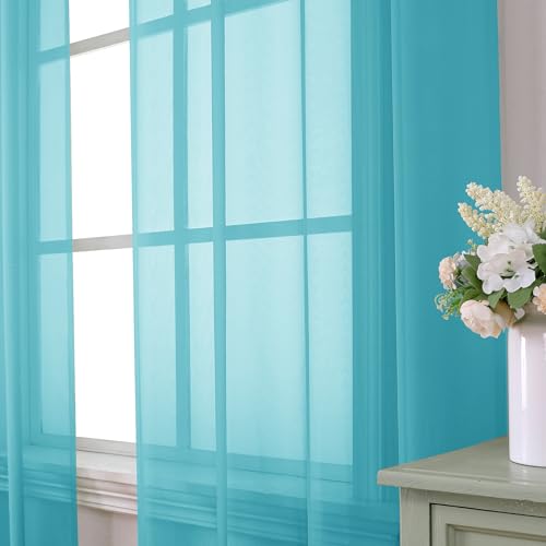 Turquoise Sheer Curtains 90 Inches Long 2 Panels Set (42"W x 90"L (Pack of 2) / Turquoise)