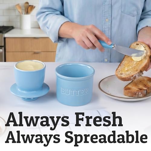 Butter Crock with Lid for Countertop with Spreader Knife and Water Line (Light Blue / Regular)