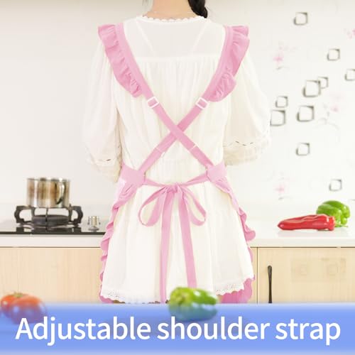 Vintage Pinafore Apron Dress for Women with Pockets Cute Floral Chef Aprons for Kitchen Cooking Baking Gardening (Pink)