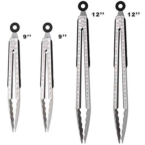 304 Stainless Steel Locking Kitchen Tongs (9" & 9" & 12" & 12" / Black)