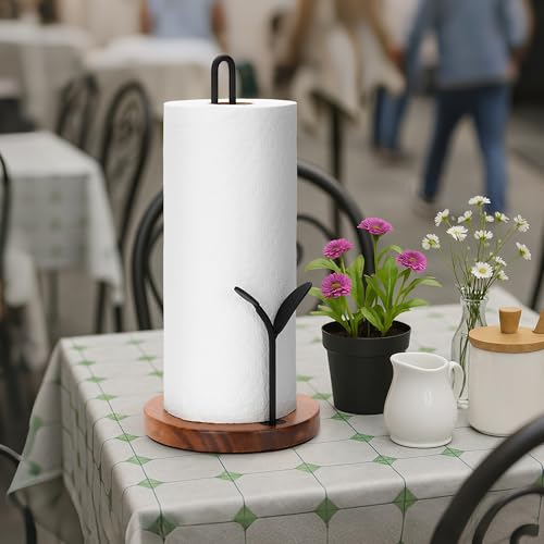 Wood Paper Towel Holder Countertop (Black (Leaf)-round Base)