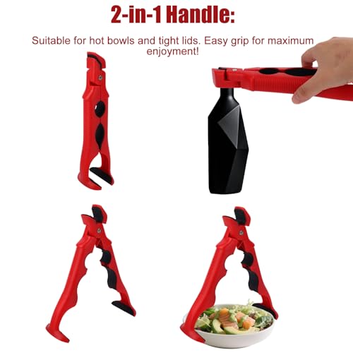 2pcs 3-in-1 Hot Plate Grippers, Premium Non-Slip Kitchen Anti-Scalding Clips High Temperature Resistant Kitchen Dish Tongs Holder for Bowl & Plate Lifter and Can Opening (Red)