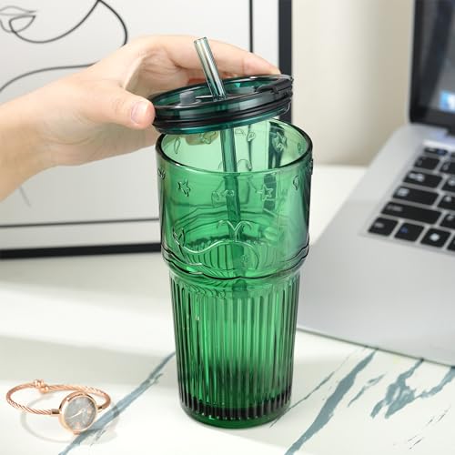 Green Glass Tumbler with Lid and Straw (Green-3)