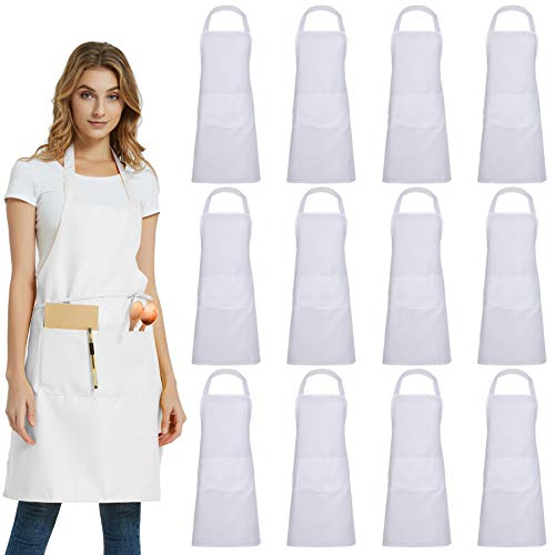 12 Pack Plain Bib Aprons with 2 Pockets (White)