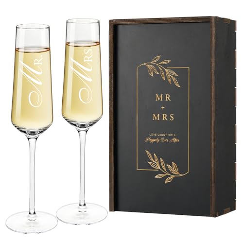 Mr Mrs Gifts Wedding Champagne Flutes (Mr + Mrs（Black） / Set of 2（Wooden box）)