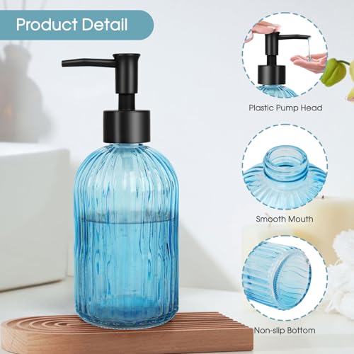 Stripe Glass Soap Dispenser with Black Plastic Pump (Plastic Pump / Light Blue)