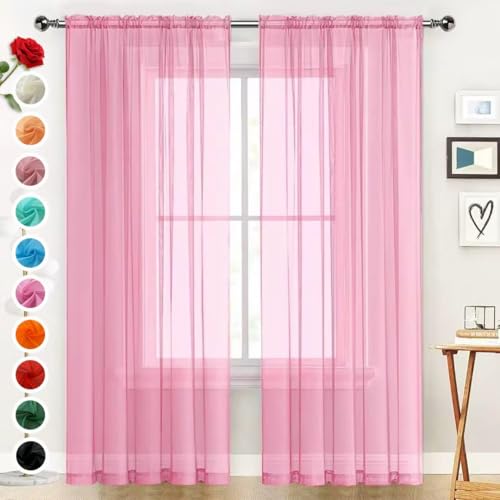 Basic Rod Pocket Sheer Voile Window Curtain Panels Pink 1 Pair 2 Panels 52 Width 54 Inch Long for Kitchen Bedroom Children Living Room Yard（Pink (Pink / 52"W x 54"L (Pack of 2))