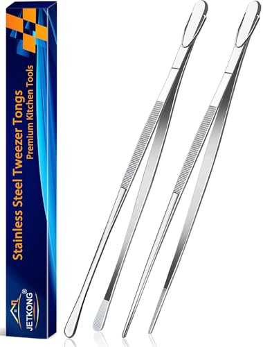 2 Pcs 14 Inch Food Tweezers Stainless Steel Tweezer Tongs Extra (14+14 Inch / Silver)