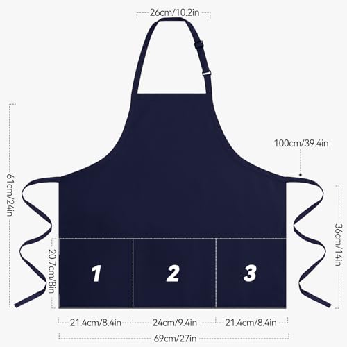 Kitchen Cooking Apron with 3 Pockets (Navy Blue)