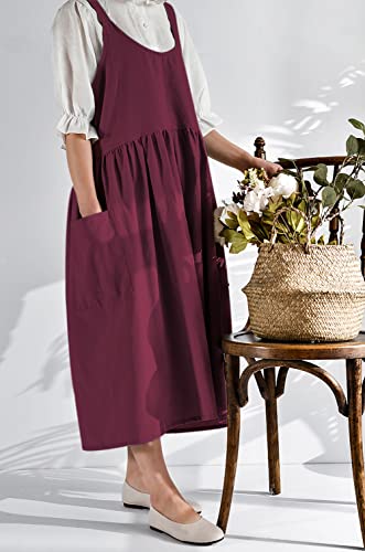 Japanese Cotton Cross Back Pinafore Apron for Women with Pockets Burgundy (06 - Magenta Apron Without Waist Ties)