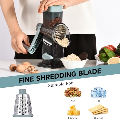 Rotary Cheese Grater with Handle Kitchen Shredder Slicer Grater Slicer Ice Shaver Cheese Vegetable Nuts Potato Zucchini Chocolate 3 Interchangeable Blades (9.06"L x 4.33"W x 9.07"H / Blue)