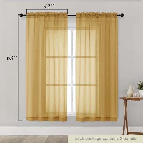 Sheer Gold Curtains for Bedroom Living Room 63 Inch Length 2 Panels (Gold / 42"W x 63"L (Pack of 2))