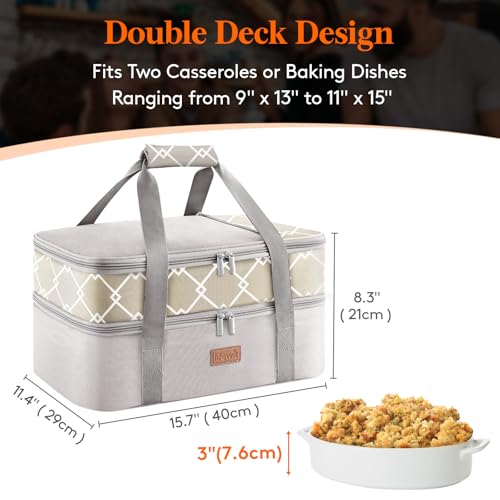 Insulated Double Decker Casserole Carrier (Gray / 15.7 x 11.4 x 8.3inch)