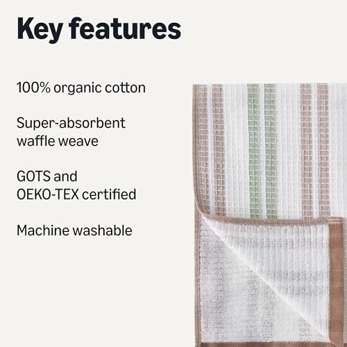 Organic Cotton Waffle Kitchen Dish Towels (2pc Olive Light/Brown Strip, 2pc Brown, 1pc Olive, 1pc White / 15 x 25 inches)