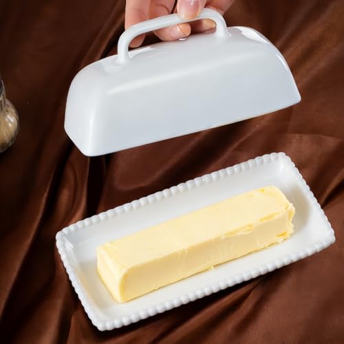White Ceramic Butter Dish with Lid (White-Pearl)