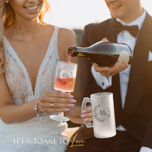 Mr and Mrs Champagne Flutes for Couples Wedding Anniversary (Frosted Mr & Mrs / Set of 2（Gift box）)