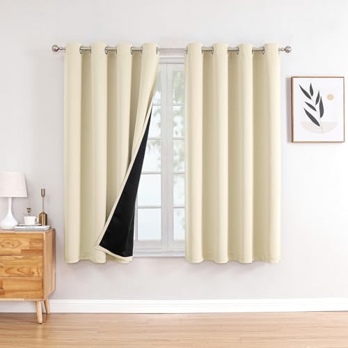 100% Blackout Curtains for Bedroom 2 Panels Set with Black Liner (52"W x 54"L (Pack of 2) / Light Beige)