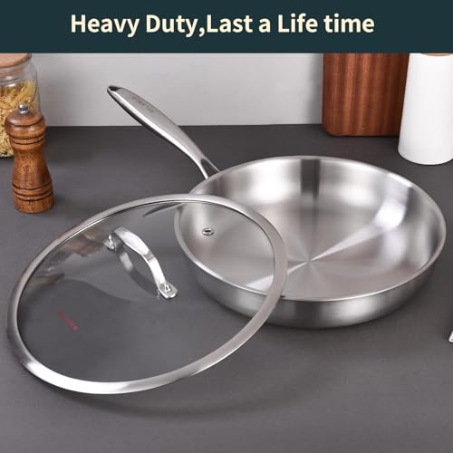 Tri ply Stainless Steel Frying Pan Set with Lid 8" 10" 12" (Stainless Steel)
