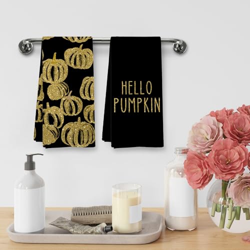 Fall Hello Pumpkin Black Halloween Kitchen Towels and Dishcloths Sets of 2 (Gold Pumpkin)