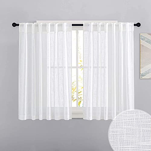 Short Linen Sheer Curtains for Small Kitchen Cafe Bathroom Window (White / 52"W x 45"L (Pack of 2))