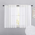 Short Linen Sheer Curtains for Small Kitchen Cafe Bathroom Window (White / 52"W x 45"L (Pack of 2))