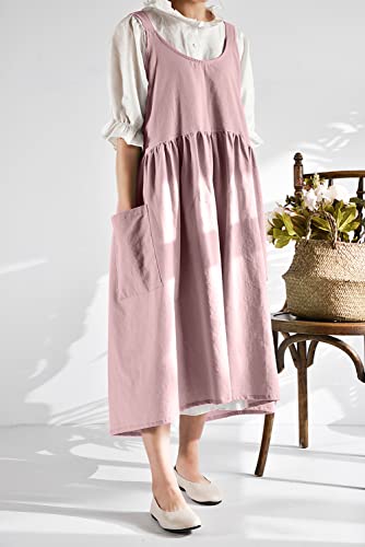 Japanese Cotton Cross Back Smock Apron for Women with Pockets Pink (05 - Pink Without Waist Ties)