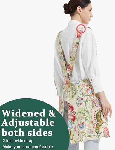 Cozy Adjustable Cross Back Aprons for Women with Pockets Cotton Linen Cooking Kitchen Baking Yellow Flowers (Yellow Flowers)