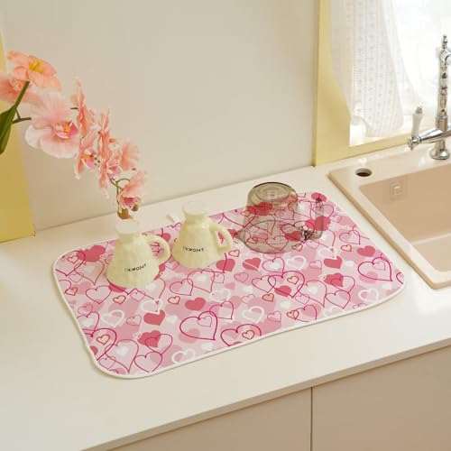 Valentines Day Dish Drying Mat 18 x 24 inch Pink Love Hearts Decorative Drying Mats Microfiber Absorbent Romantic Dish Washable Draining Mat for Kitchen Counter Decor (18x24 Inch / Pink Love Hearts)