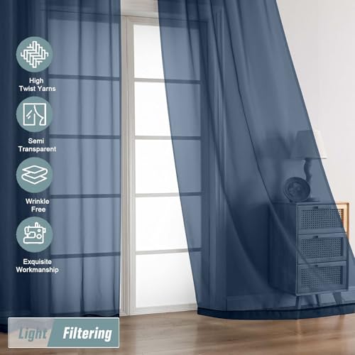 Navy Blue Sheer Curtains 63 Inch Length 2 Panels (42"W x 63"L (Pack of 2) / Navy Blue)
