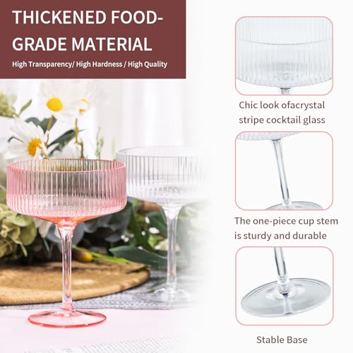 24 Pieces Martini Glasses 10.5oz Plasitc Ribbed Coupe Glasses Champagne Shatterproof Acrylic Vintage Cocktail Glassware Margarita Wine Glasses Disposable Cups for Parties Wedding Anniversary Bar Clear (Clear / 24 PCS)